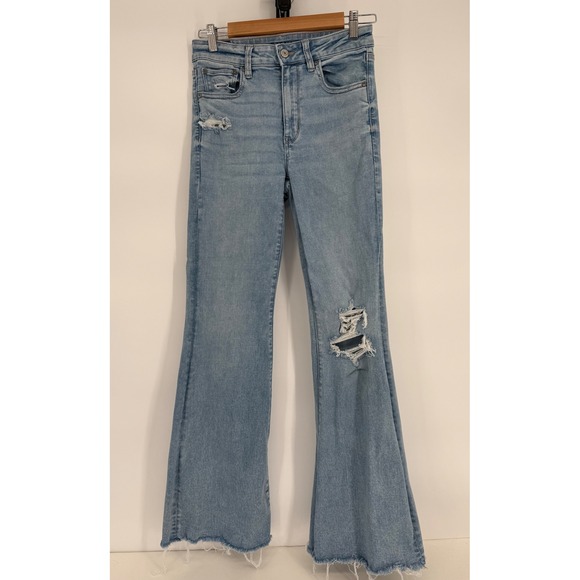 American Eagle Denim - American Eagle Next Level Stretch High Rise Flare Jeans Light Wash Distressed 6